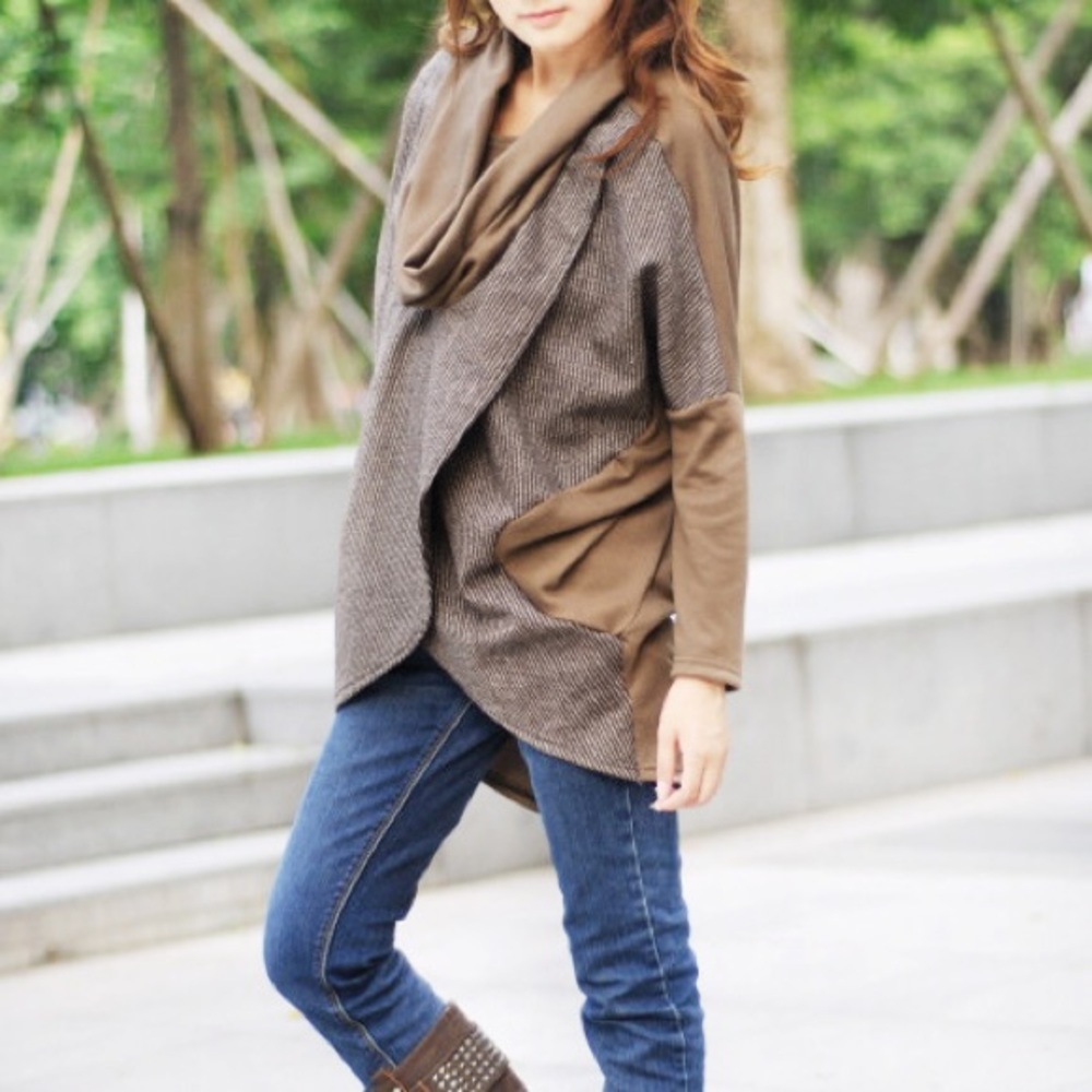 Draped Collar Folded Herringbone Sweater